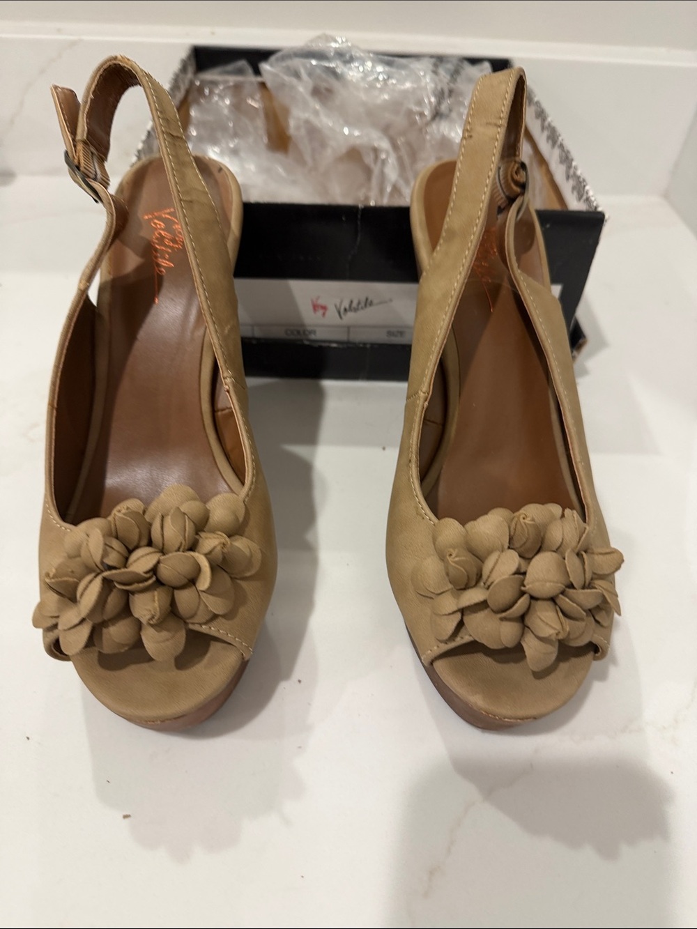Very Volatile Tan Floral Peep-Toe Slingback Wedges- worn twice inside